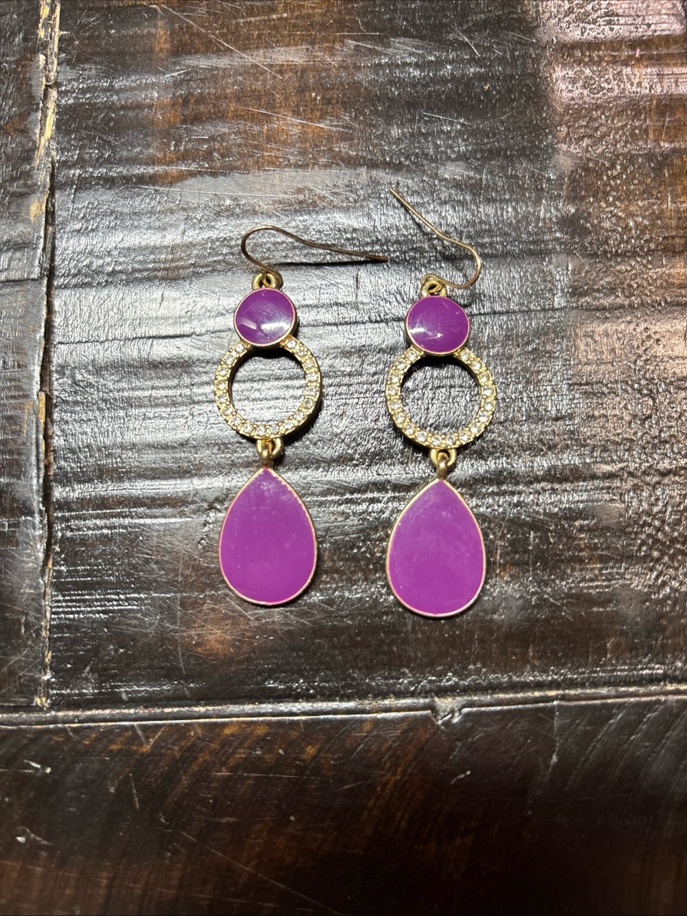 Purple Teardrop Drop Earrings with Pave Ring